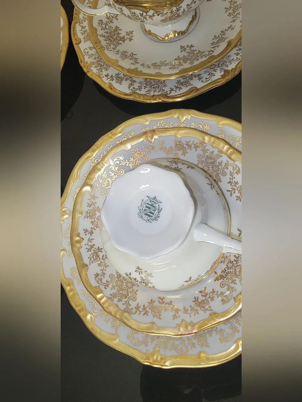 VINTAGE WEIMAR White and Gold Porcelain Teacup and Saucer Set 20 PIECES